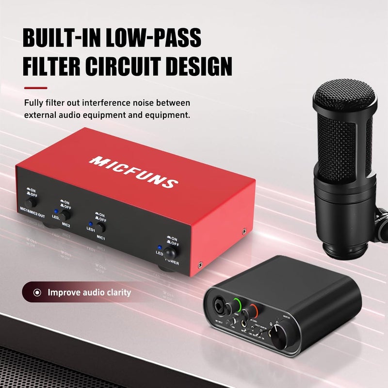 micfuns MC New 2 Channel 48V Phantom Power Supply with 3.5mm Audio Cable to Connect Audio Interface for Condenser Microphone Music Recording Equipment (MC2-new red) - Image 3